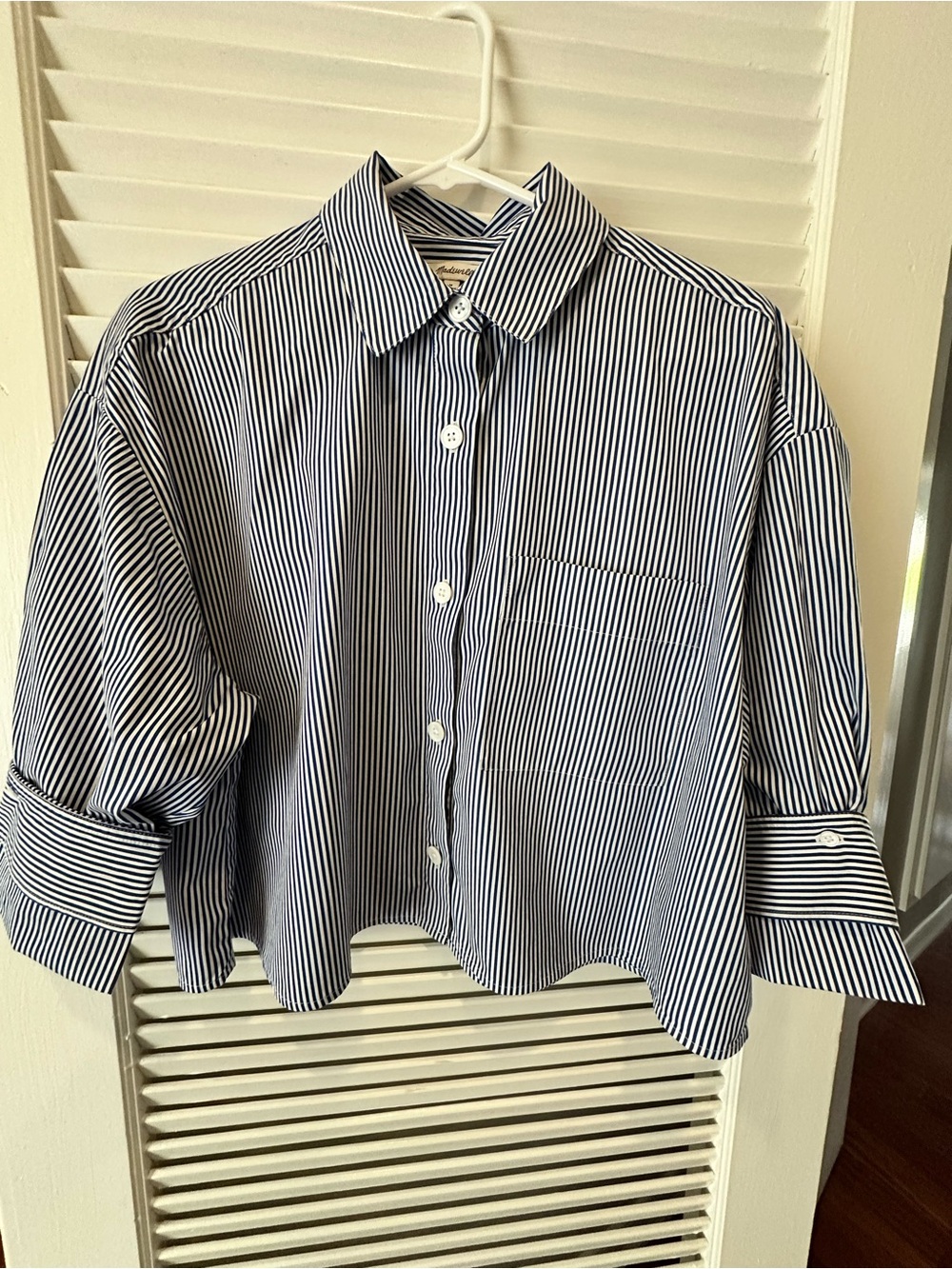 Madewell Women’s Crop Navy and White Striped Button Down Shirt